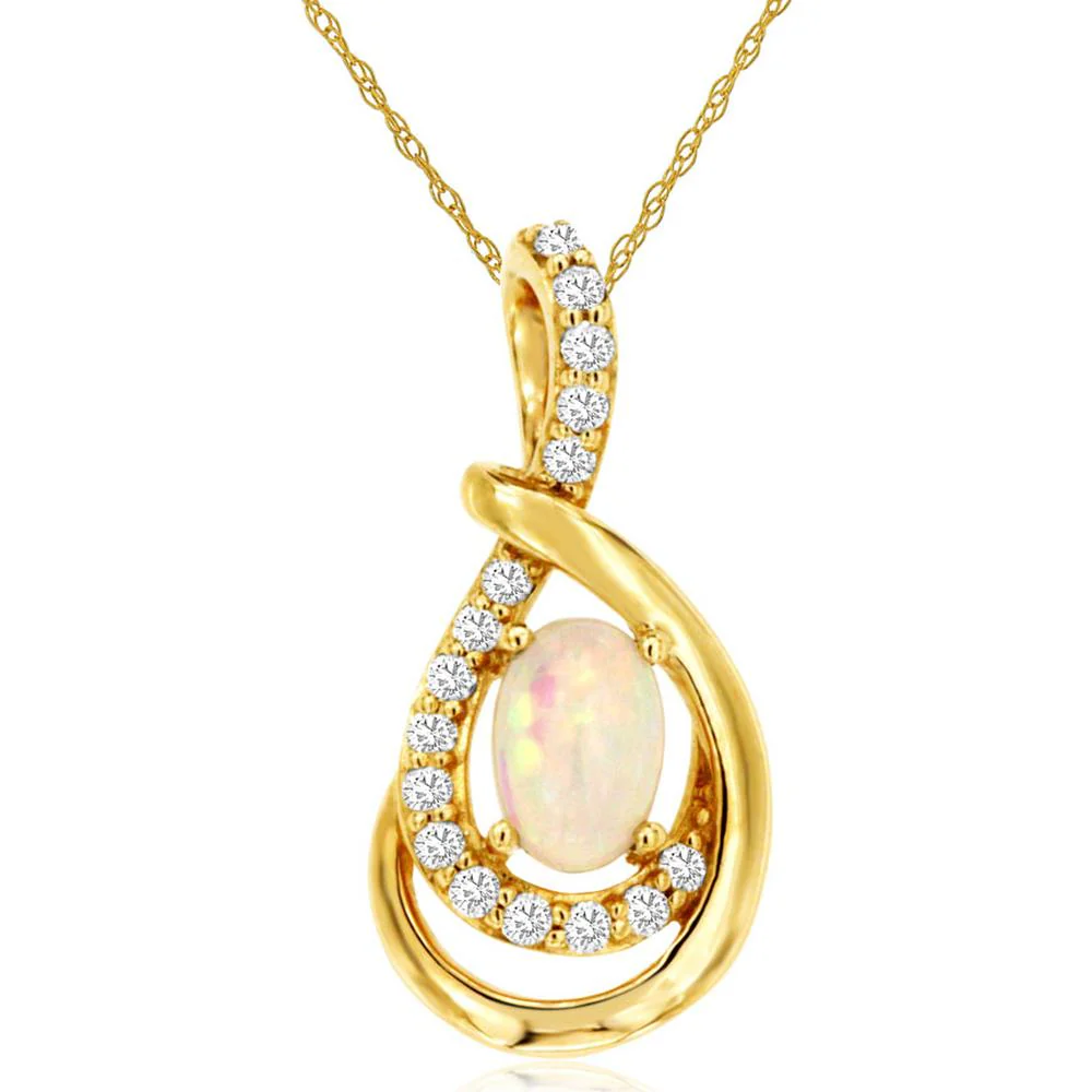 14K Yellow Gold Opal and Diamond Pendant with Oval Opal and Round Diamond Accents - 0.30 Carat Opal & 0.13 Carat Diamond Total Weight - Royal Jewelry