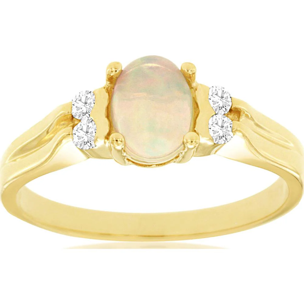 14K Yellow Gold Opal & Diamond Ring - 0.50 Carats Total Opal Weight, 0.10 Carats Total Diamond Weight - Royal Jewelry
