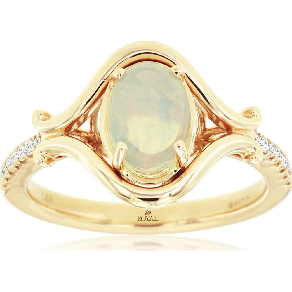 14K Yellow Gold Opal & Diamond Ring with Oval Opal and Diamond Accents - 1.00 Carat Total Weight - Royal Jewelry