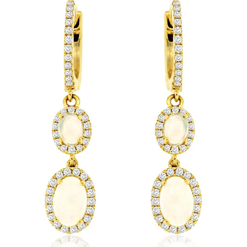14K Yellow Gold Opal Drop Earrings with Diamond Halo - 1.10 Carats Total Gem Weight - Royal Jewelry