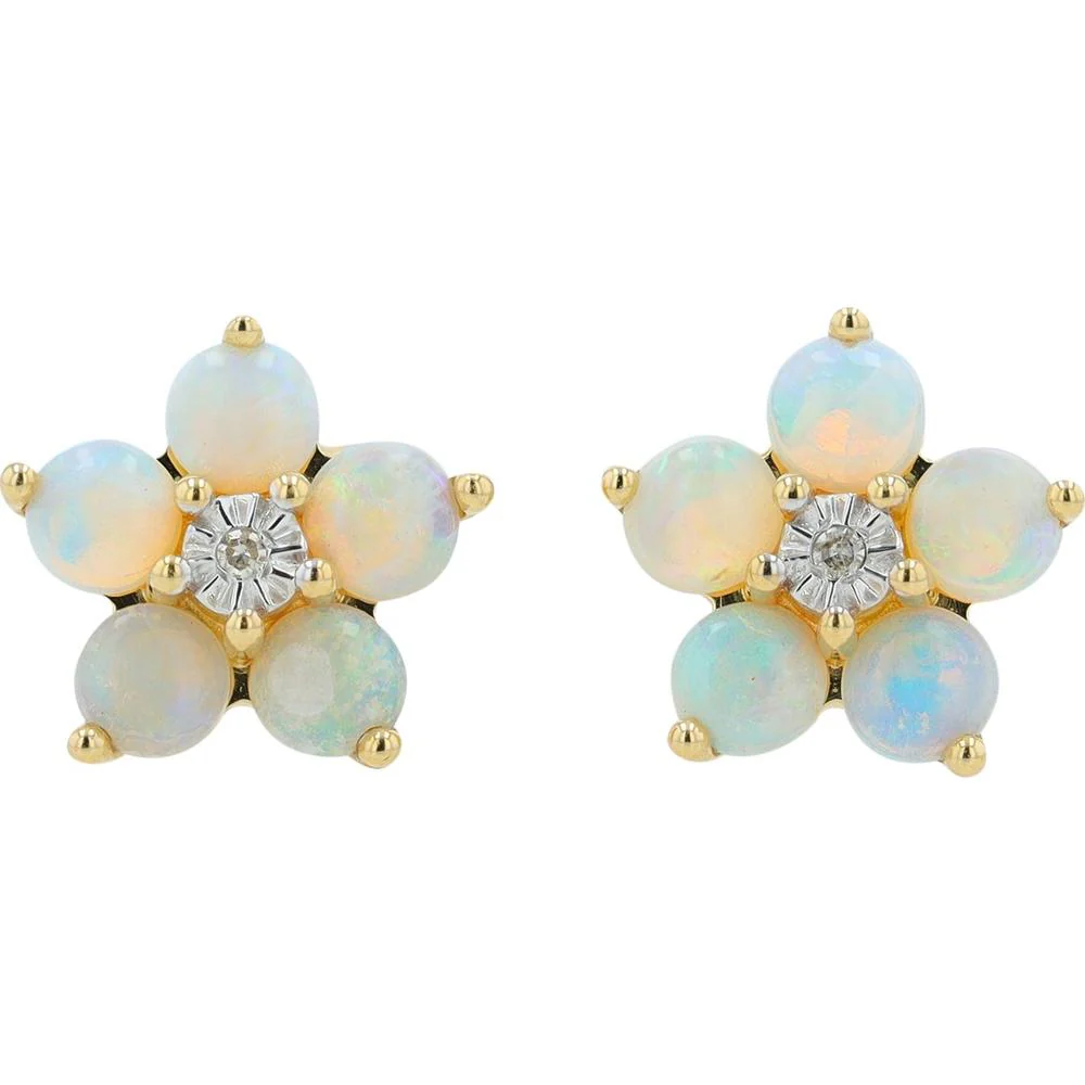 14K Yellow Gold Opal Flower Stud Earrings with 0.01 Carat Total Diamond Accents