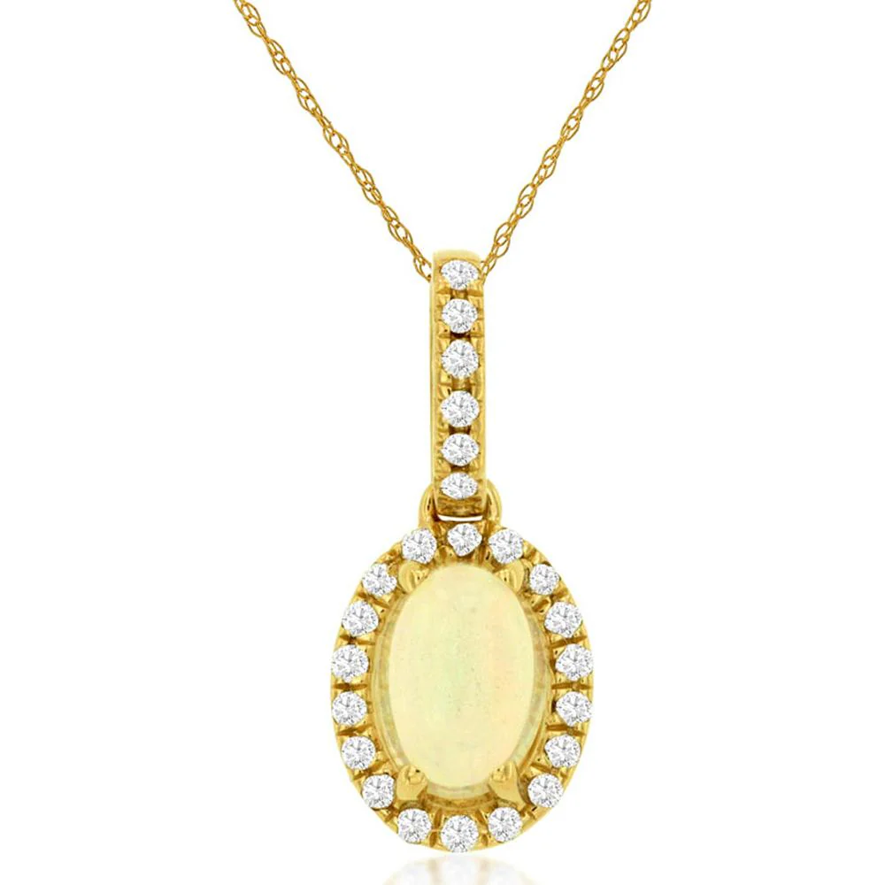 14K Yellow Gold Opal Pendant with Diamond Halo - 0.50 Carats Opal, 0.12 Carats Total Diamond Weight - Royal Jewelry