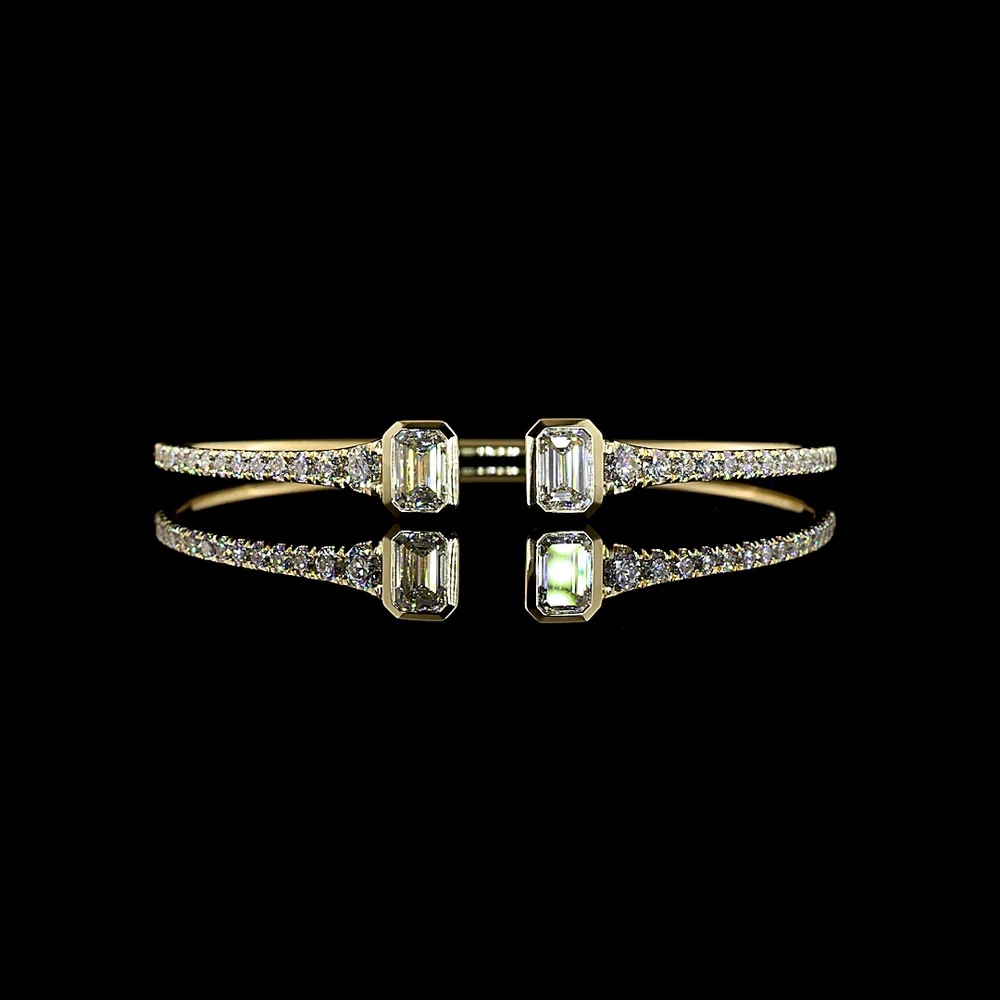 14K Yellow Gold Open Bangle Bracelet with Bezel Set Emerald Cut Lab Diamonds & Brilliant Round Accents - 3.46 Carats Total Diamond Weight - Covaloro Fine Jewelry