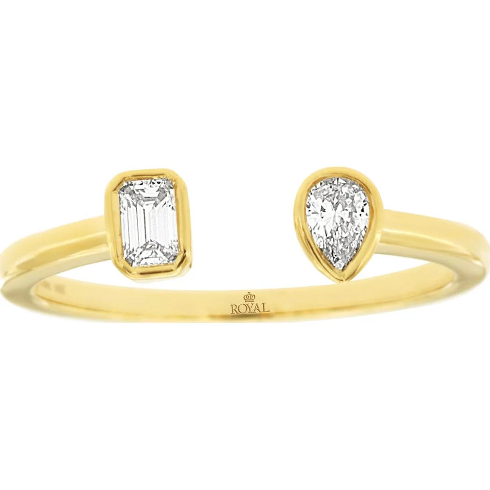 14K Yellow Gold Open Bypass Ring with Bezel Set Emerald Cut and Pear Shape Diamonds - 0.22 Carat Total Diamond Weight - Royal Jewelry