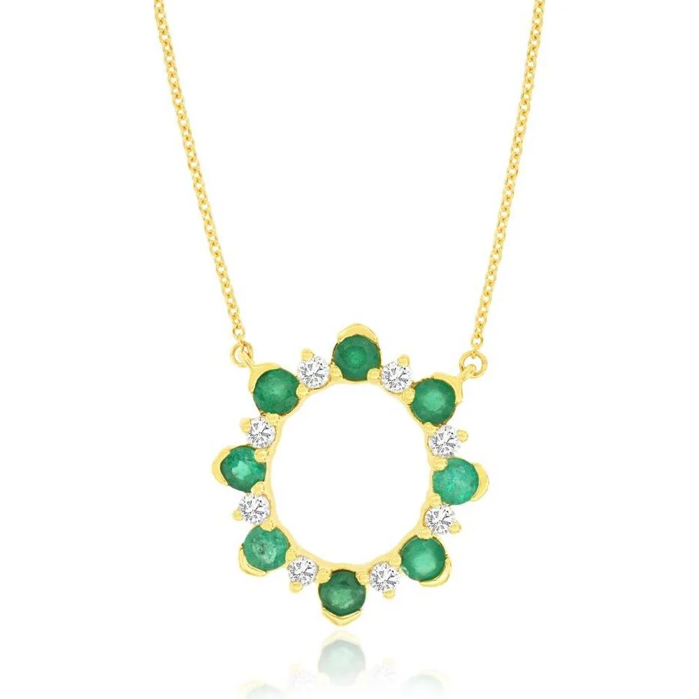 14K Yellow Gold Open Circle Emerald and Diamond Necklace - 0.90 Carat Emerald Weight and 0.29 Carat Total Diamond Weight - Royal Jewelry