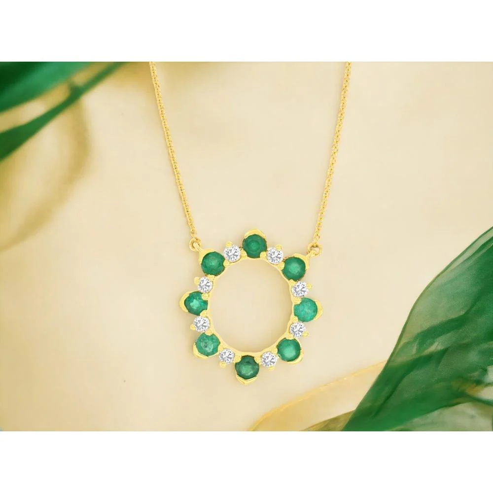 14K Yellow Gold Open Circle Emerald and Diamond Necklace - 0.90 Carat Emerald Weight and 0.29 Carat Total Diamond Weight - Royal Jewelry - Image 2
