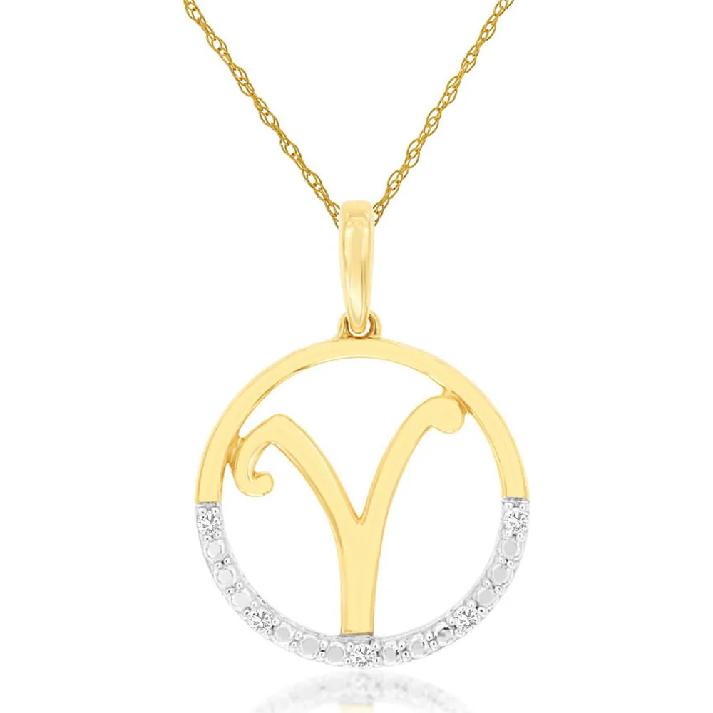 14K Yellow Gold Open Circle Initial Y Pendant with Round Diamonds - 0.02 Carat Total Diamond Weight - Royal Jewelry