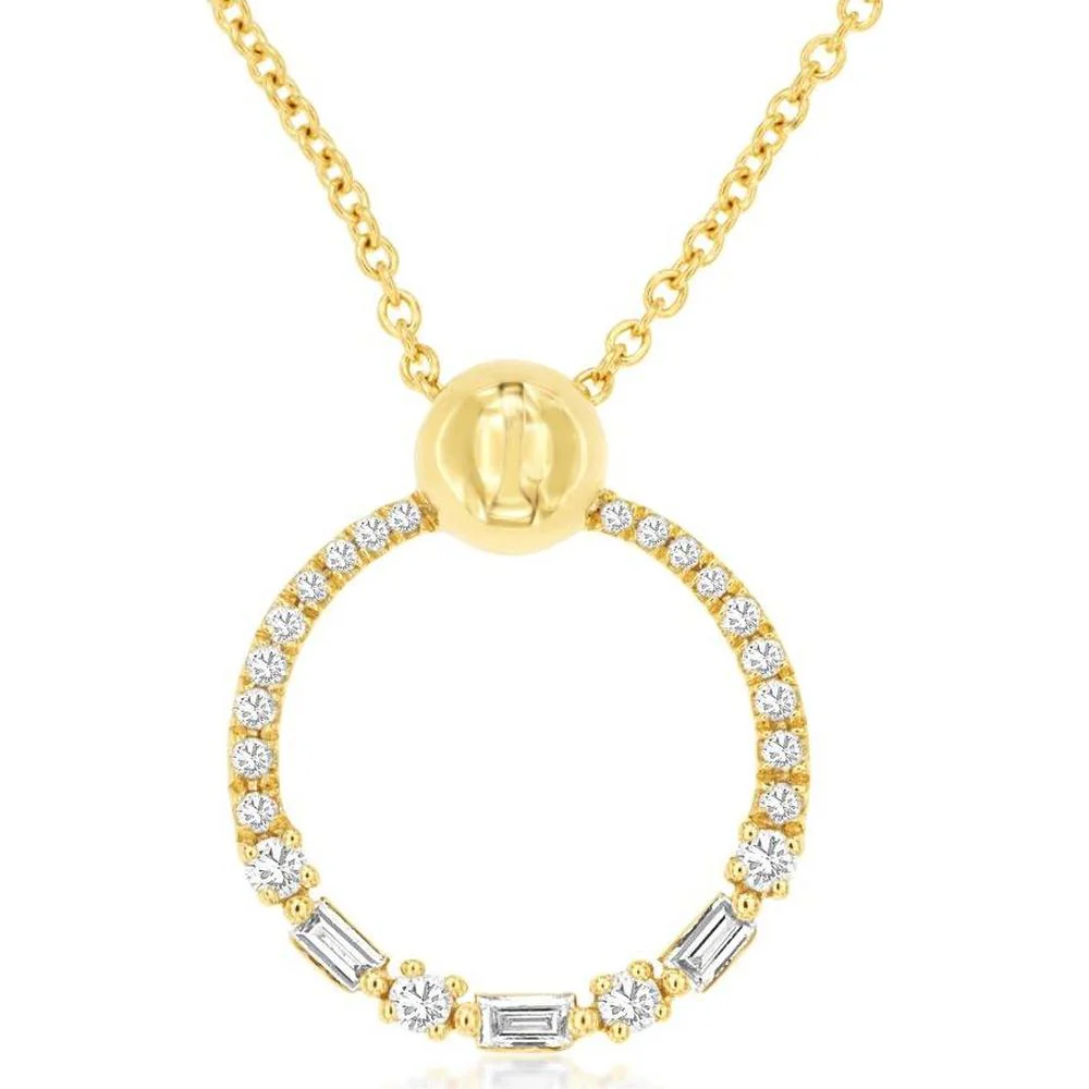 14K Yellow Gold Open Circle Necklace with Round and Baguette Diamonds - 0.24 Carat Total Diamond Weight - Royal Jewelry