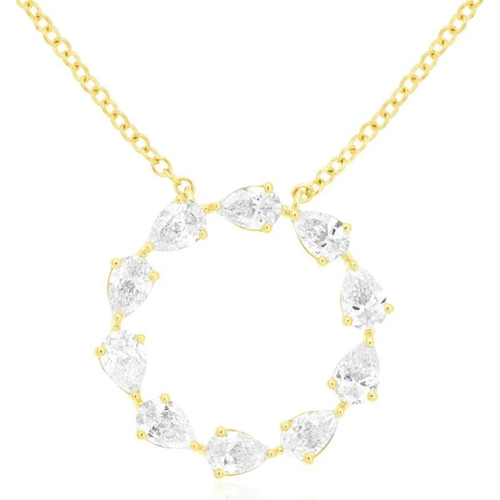 14K Yellow Gold Open Circle Pendant Necklace with Prong Set Pear Shaped Diamonds - 0.92 Carat Total Diamond Weight - Royal Jewelry