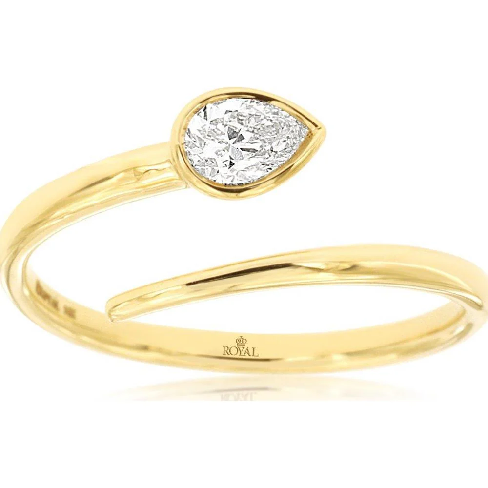 14K Yellow Gold Open Contemporary Ring with Bezel-Set Pear-Shaped Diamond - 0.24 Carat Diamond Weight - Royal Jewelry