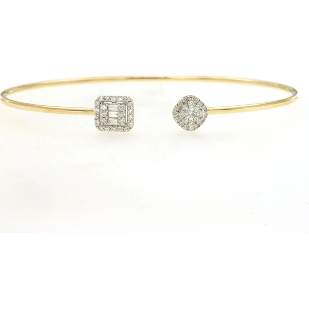 14K Yellow Gold Open Cuff Bangle with Baguette and Round Diamond Clusters – 0.35 Carat Total Diamond Weight - Royal Jewelry