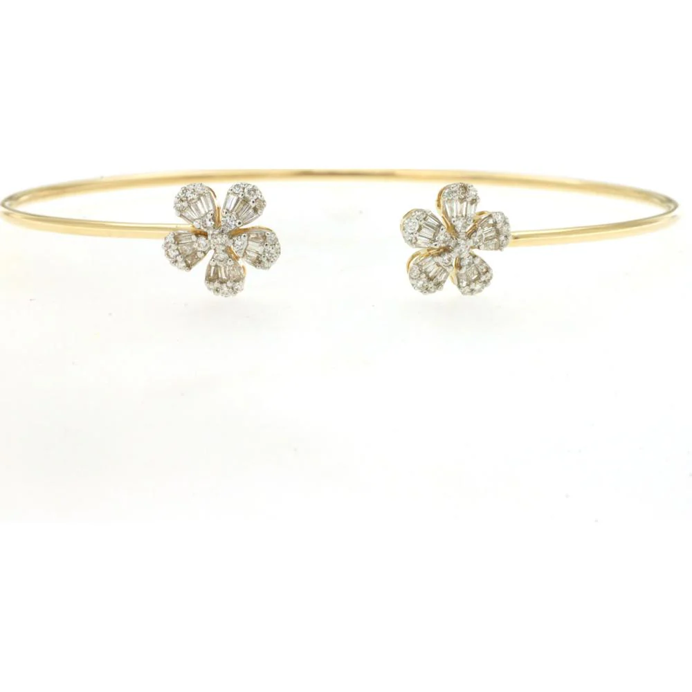 14K Yellow Gold Open Cuff Bangle with Baguette and Round Diamond Flower Motifs - 0.48 Carat Total Diamond Weight - Royal Jewelry