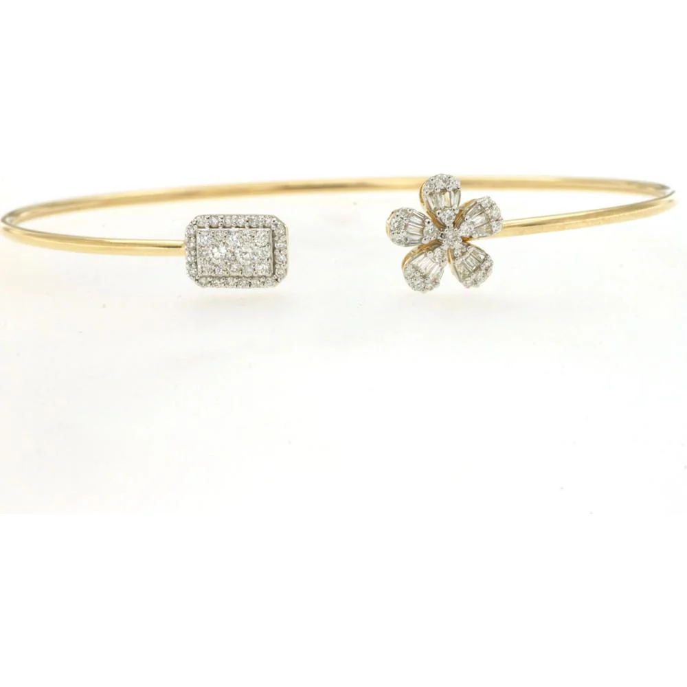 14K Yellow Gold Open Cuff Bangle with Baguette Diamond Flower and Round Halo Geometric Cluster - 0.50 Carat Total Diamond Weight - Royal Jewelry
