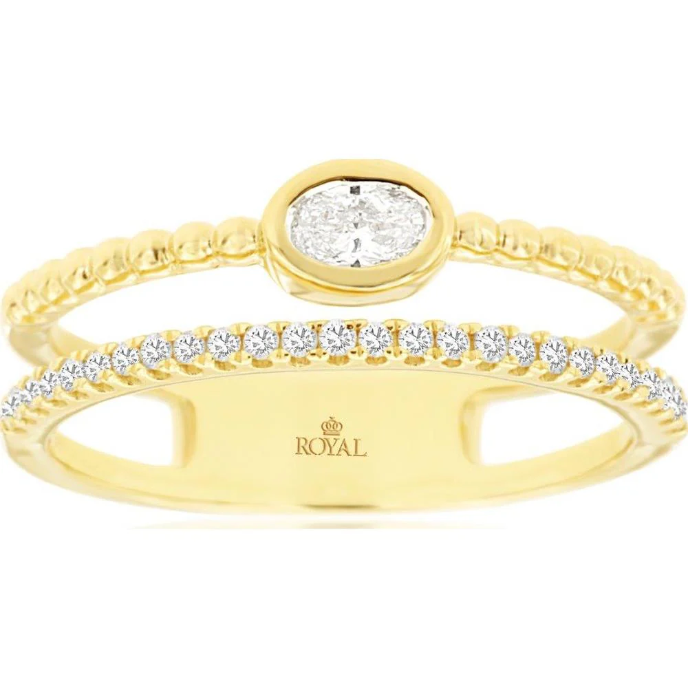 14K Yellow Gold Open Diamond Wedding Band with Bezel-Set Oval Diamond and Round Diamonds - 0.30 Carat Total Diamond Weight - Royal Jewelry