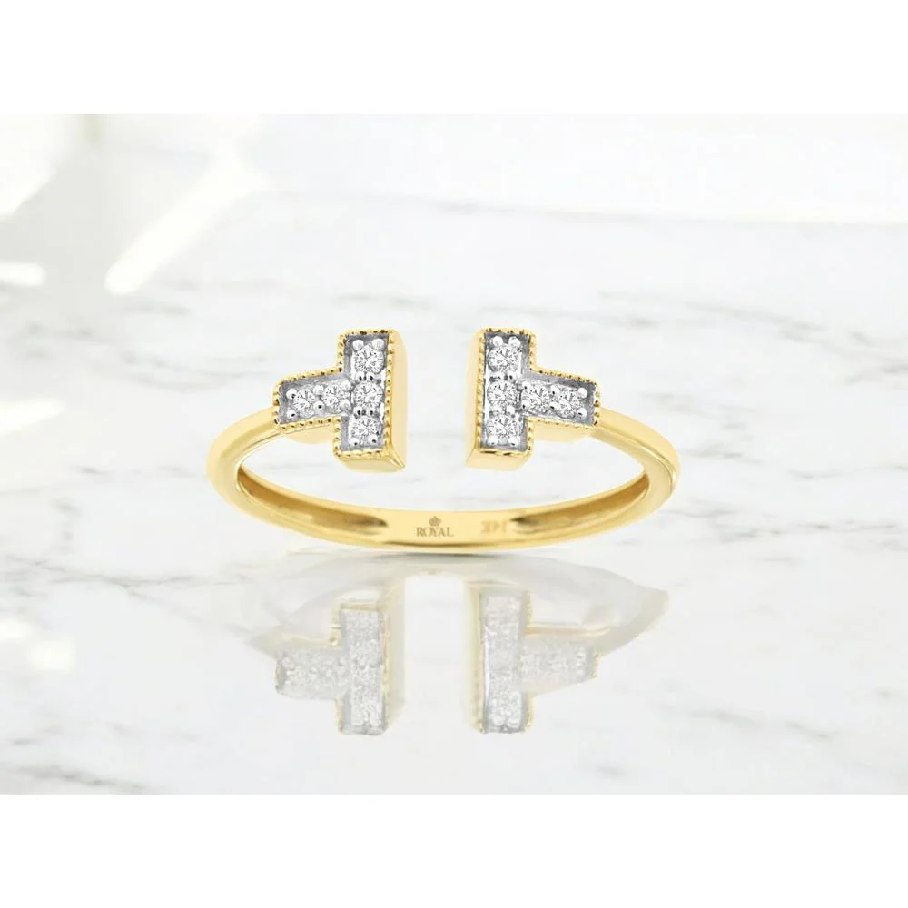 14K Yellow Gold Open Geometric Ring with Milgrain-Style Round Diamond Accents - 0.10 Carat Total Diamond Weight - Royal Jewelry - Image 2