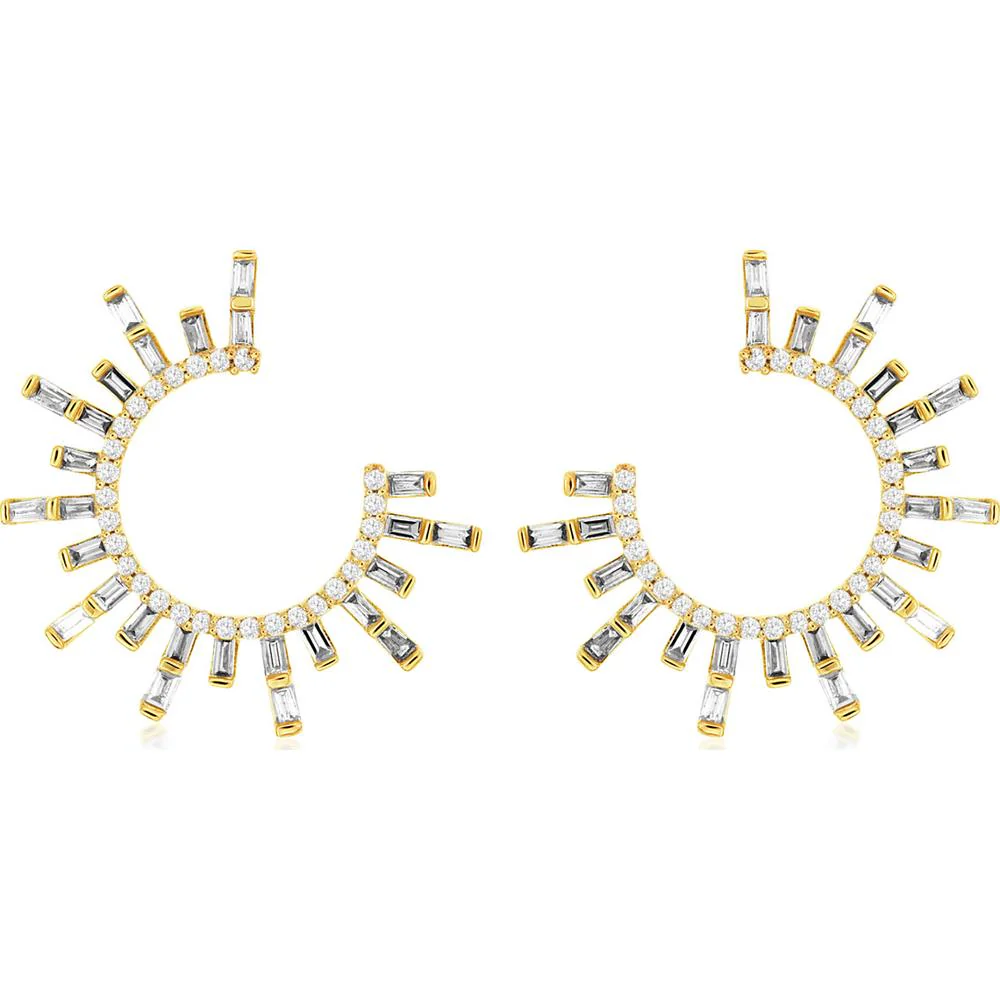 14K Yellow Gold Open Hoop Earrings with Round and Baguette Diamonds - 0.75 Carat Total Diamond Weight - Royal Jewelry