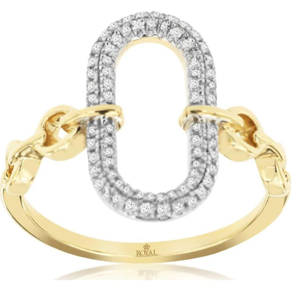 14K Yellow Gold Open Oval Chain Link Statement Ring with Double Row Bead-Set Round Diamonds – 0.26 Carat Total Diamond Weight - Royal Jewelry