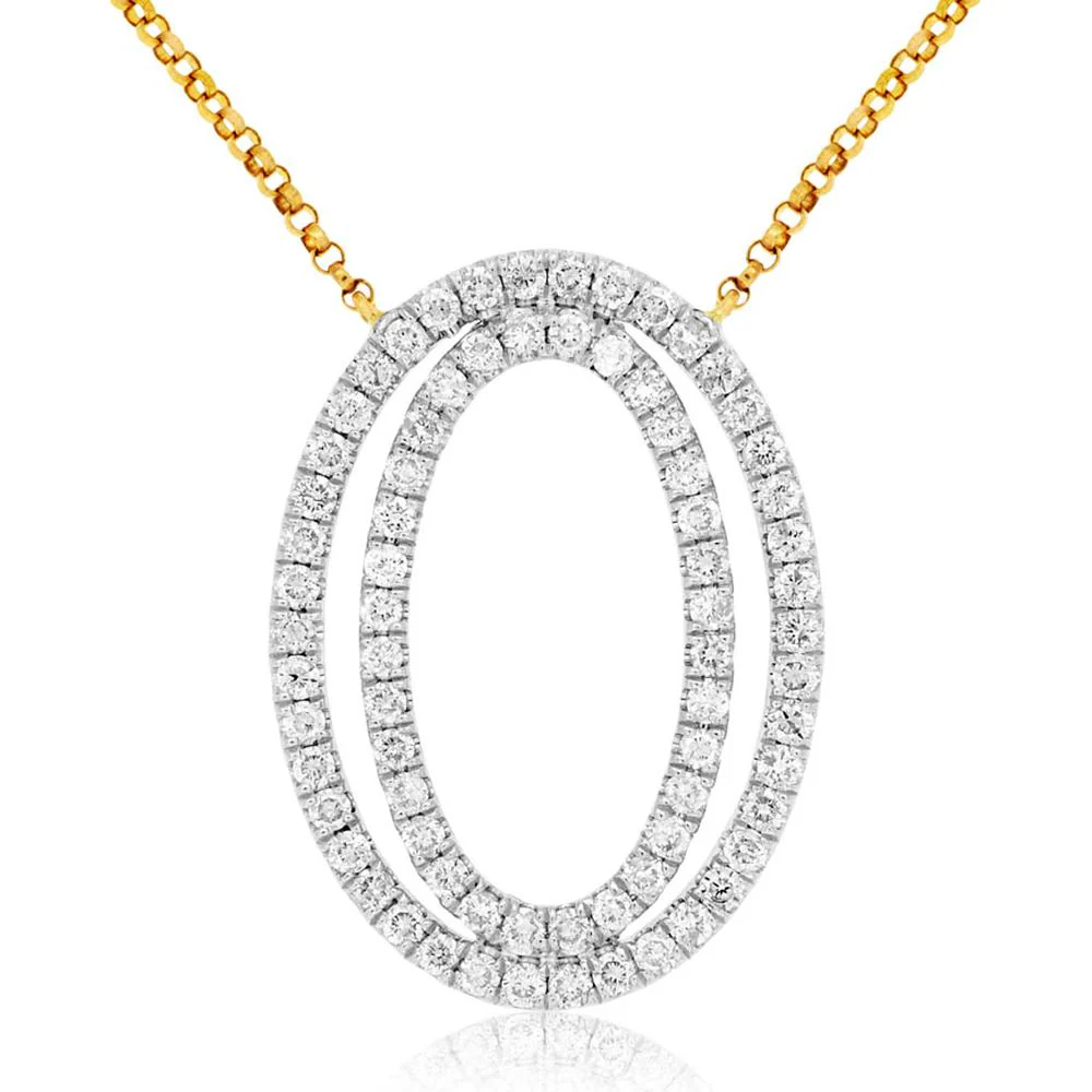 14K Yellow Gold Open Oval Diamond Pendant Necklace - 0.80 Carat Total Diamond Weight - Royal Jewelry