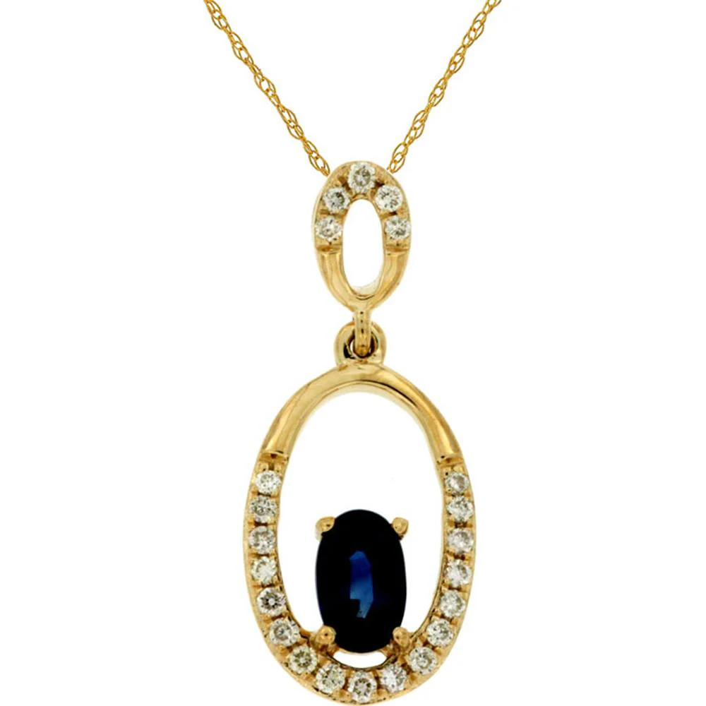 14K Yellow Gold Open Oval Pendant with Prong-Set Oval Sapphire and Round Diamond Accents - 0.30 Carat Sapphire, 0.10 Carat Total Diamond Weight - Royal Jewelry
