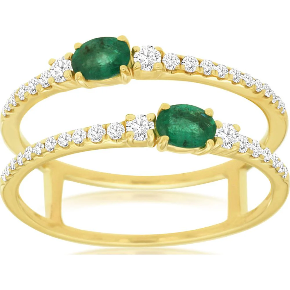 14K Yellow Gold Open Ring with Oval Emeralds and Round Diamond Accents - 0.33 Carat Emerald, 0.27 Carat Diamond Weight - Royal Jewelry
