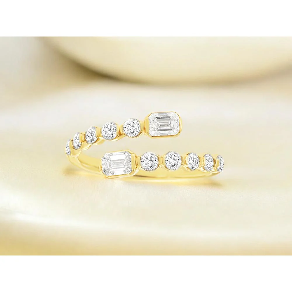 14K Yellow Gold Open Shank Bypass Ring with Emerald Cut and Round Diamonds - 1.10 Carat Total Diamond Weight - Royal Jewelry - Image 2