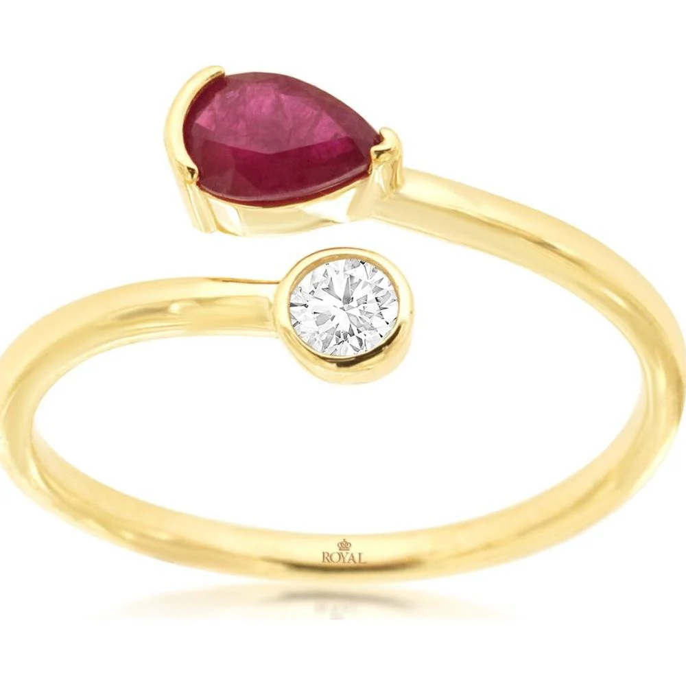 14K Yellow Gold Open-Shank Ring with 0.45 Carat Pear-Shape Ruby and 0.10 Carat Bezel-Set Round Diamond - Royal Jewelry
