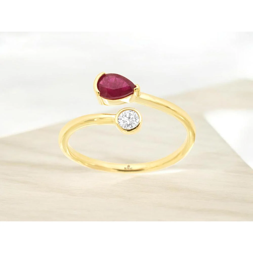 14K Yellow Gold Open-Shank Ring with 0.45 Carat Pear-Shape Ruby and 0.10 Carat Bezel-Set Round Diamond - Royal Jewelry - Image 2