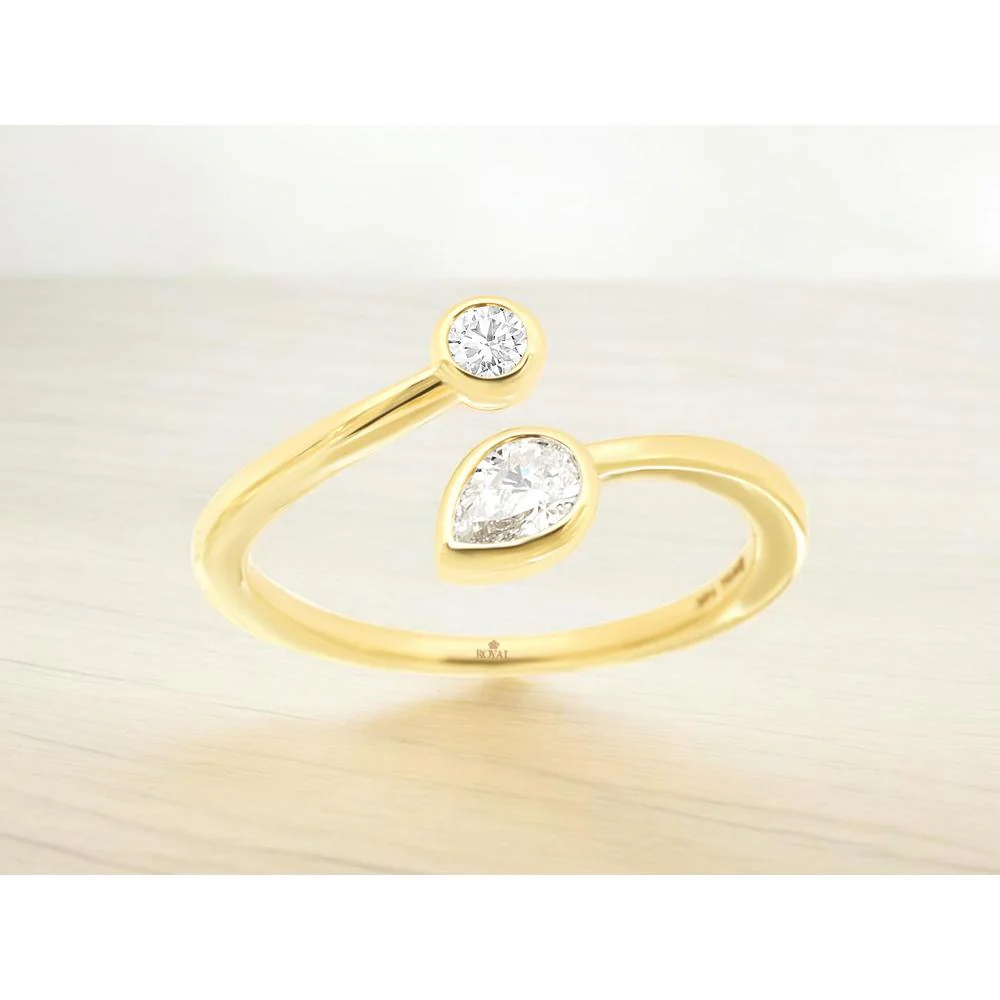 14K Yellow Gold Open Shank Ring with Bezel Set Round and Pear Cut Diamonds - 0.32 Carat Total Diamond Weight - Royal Jewelry - Image 2