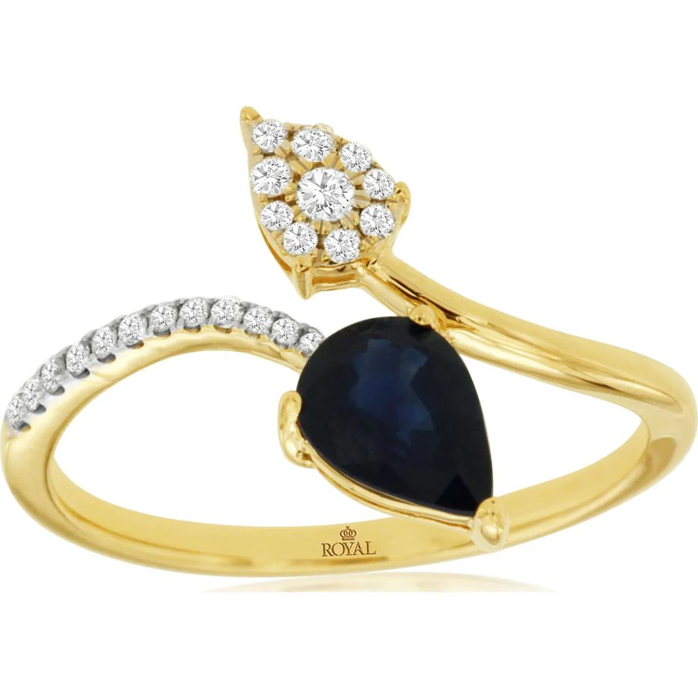 14K Yellow Gold Open Shank Ring with Pear-Shaped Blue Sapphire and Diamond Cluster Halo - 0.88 Carat Sapphire and 0.12 Carat Diamond - Royal Jewelry
