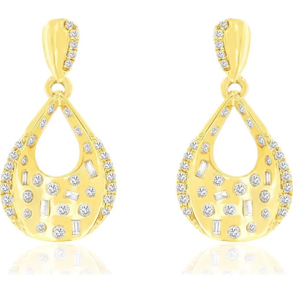 14K Yellow Gold Open Teardrop Drop Earrings with Round and Baguette Diamonds - 0.33 Carat Total Diamond Weight - Royal Jewelry
