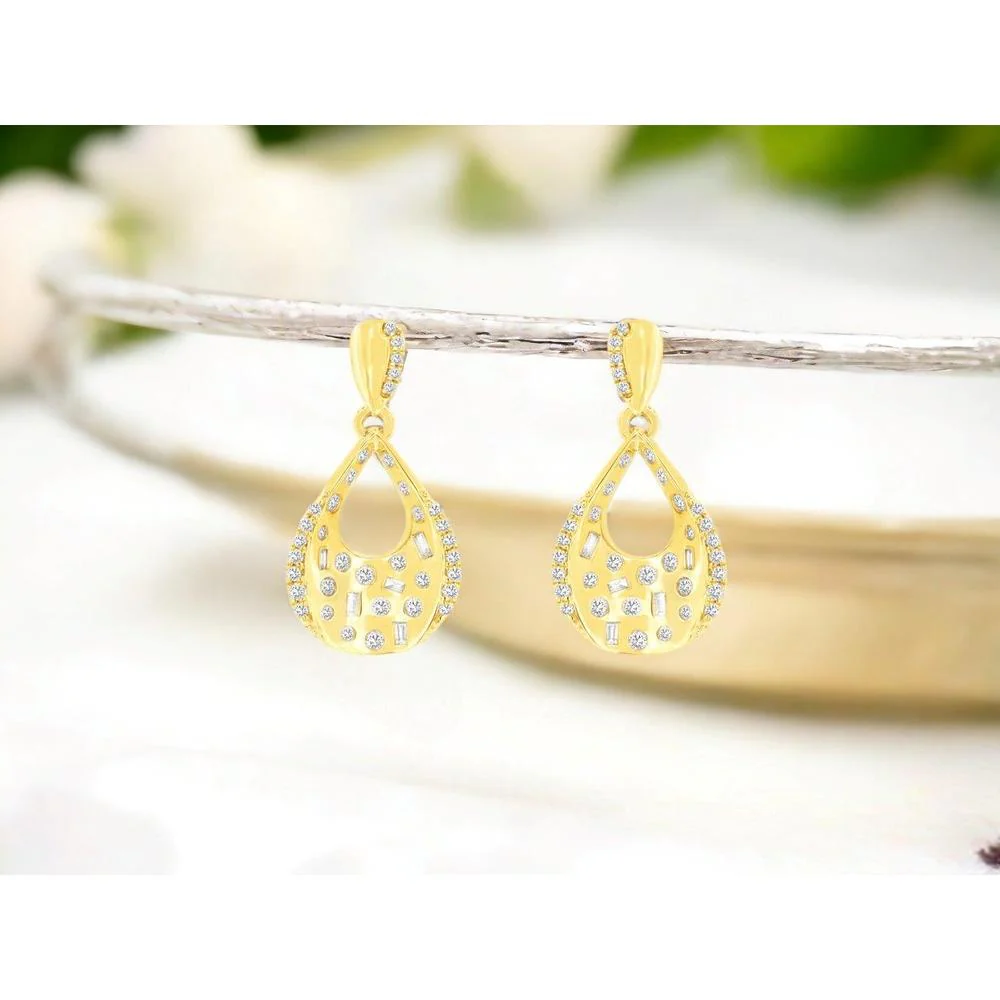 14K Yellow Gold Open Teardrop Drop Earrings with Round and Baguette Diamonds - 0.33 Carat Total Diamond Weight - Royal Jewelry - Image 2
