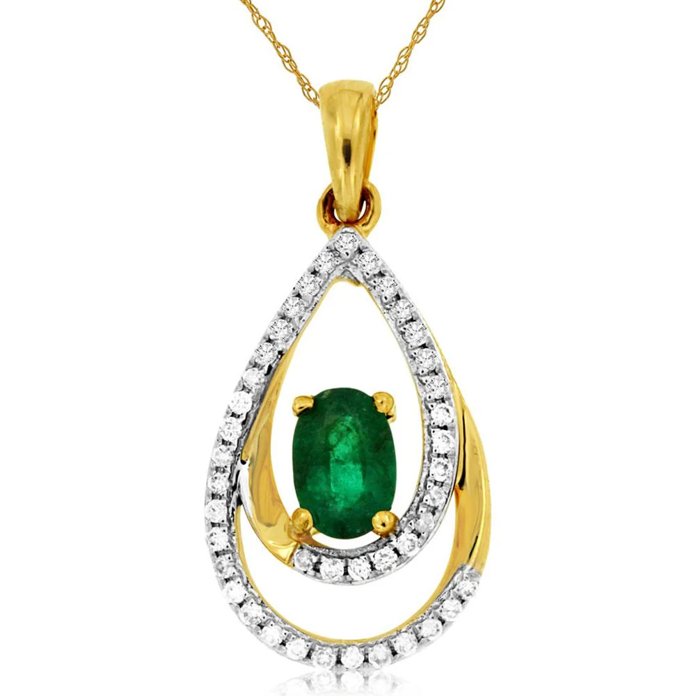 14K Yellow Gold Open Teardrop Pendant with Oval Emerald and Diamond Accents - 0.44 Carat Emerald, 0.17 Carat Total Diamond Weight - Royal Jewelry