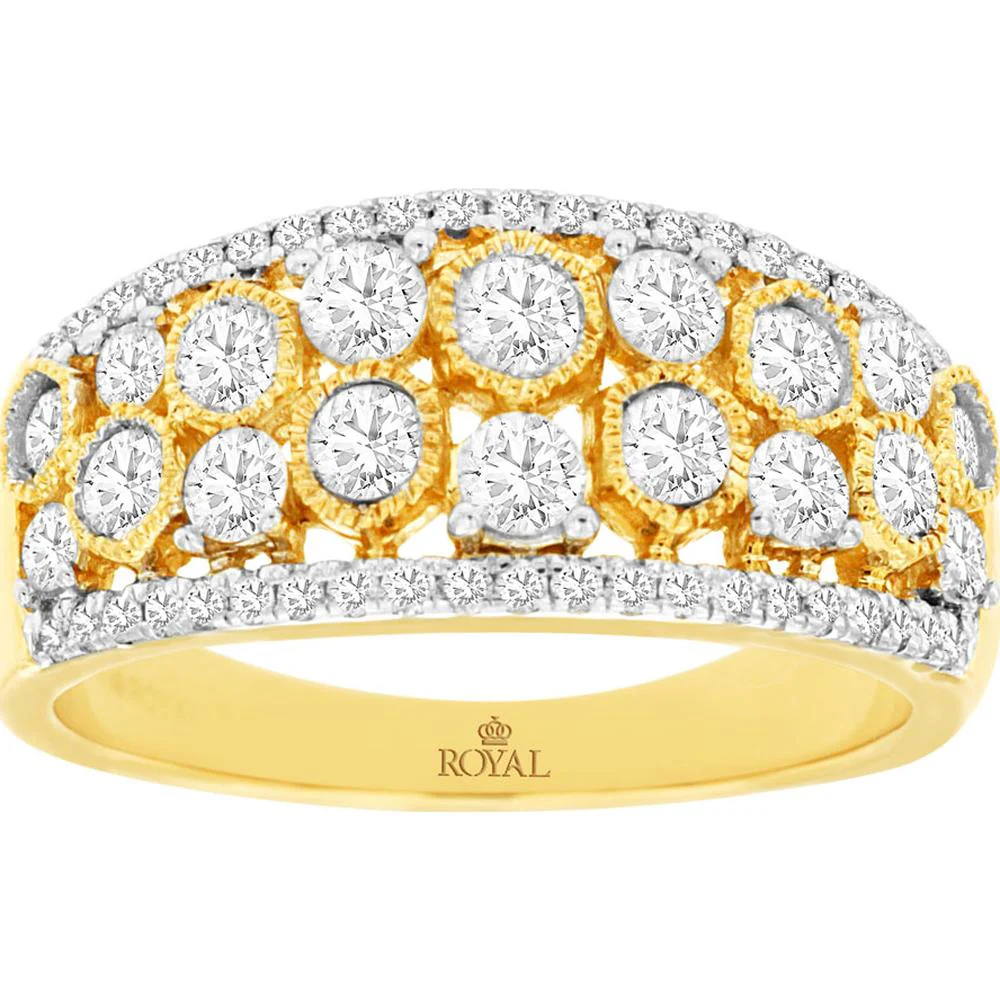 14K Yellow Gold Openwork Diamond Wedding Band with Round Brilliant Diamonds and Milgrain Detail - 1.00 Carat Total Diamond Weight - Royal Jewelry