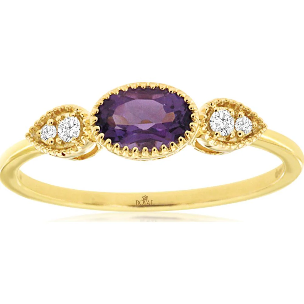 14K Yellow Gold Oval Amethyst Ring with Diamond Accent Side Details - 0.40 Carat Amethyst & 0.05 Carat Diamond Weight - Royal Jewelry
