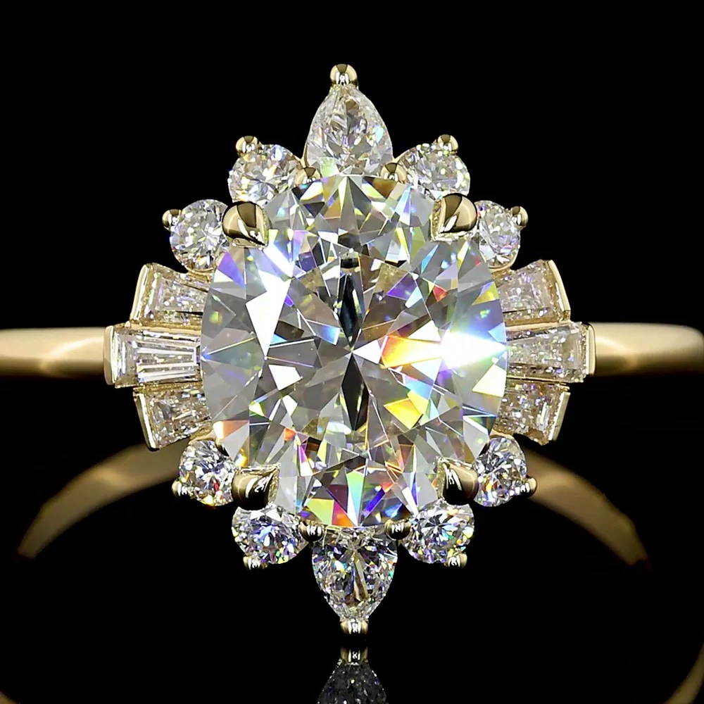 14K Yellow Gold Oval and Baguette Halo Ring with 1.83 Carats E VVS2 Lab Diamond Center and 2.28 Carats Total Diamond Weight - Covaloro Fine Jewelry - Image 2