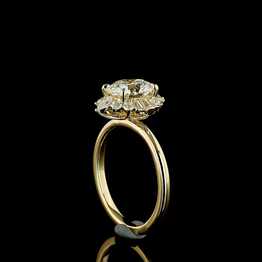 14K Yellow Gold Oval and Baguette Halo Ring with 1.83 Carats E VVS2 Lab Diamond Center and 2.28 Carats Total Diamond Weight - Covaloro Fine Jewelry - Image 3