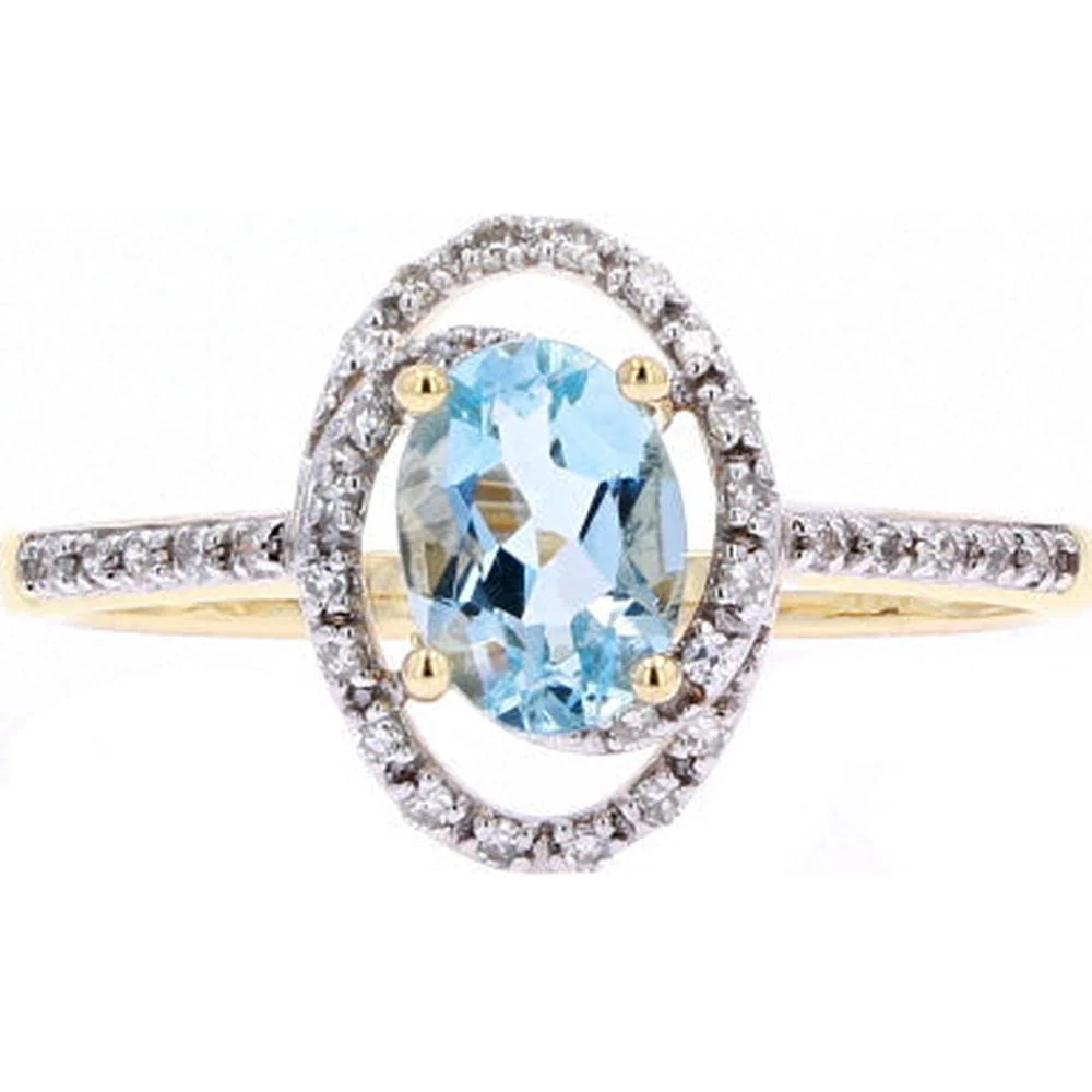 14K Yellow Gold Oval Aqua Gemstone Ring with Diamond Accents - 1/10 Carat Total Diamond Weight