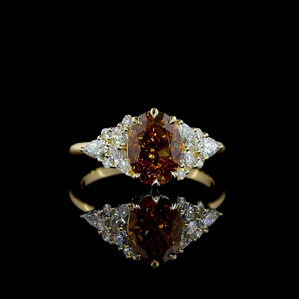 14K Yellow Gold Oval Cognac Lab Diamond Ring with Pear and Marquise Cut Accents - 2.49 Carat Total Weight, IGI Certified VS1 - Covaloro Fine Jewelry