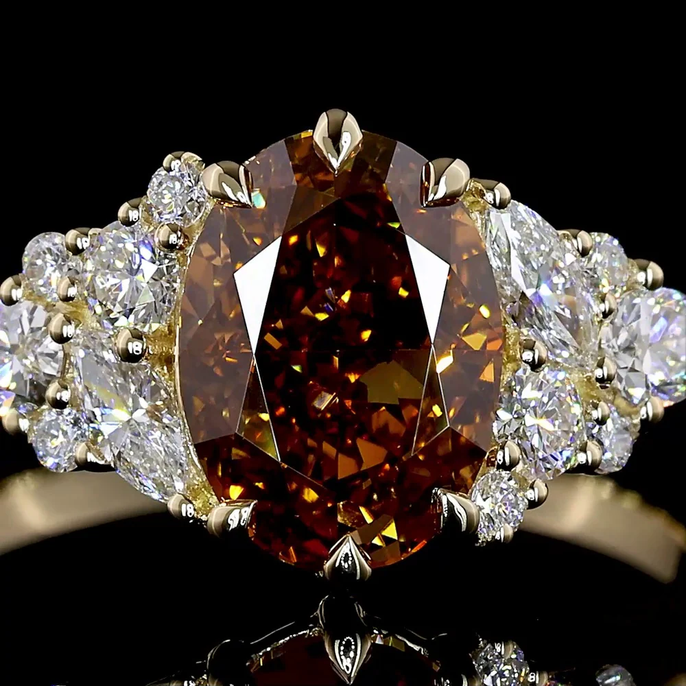 14K Yellow Gold Oval Cognac Lab Diamond Ring with Pear and Marquise Cut Accents - 2.49 Carat Total Weight, IGI Certified VS1 - Covaloro Fine Jewelry - Image 2