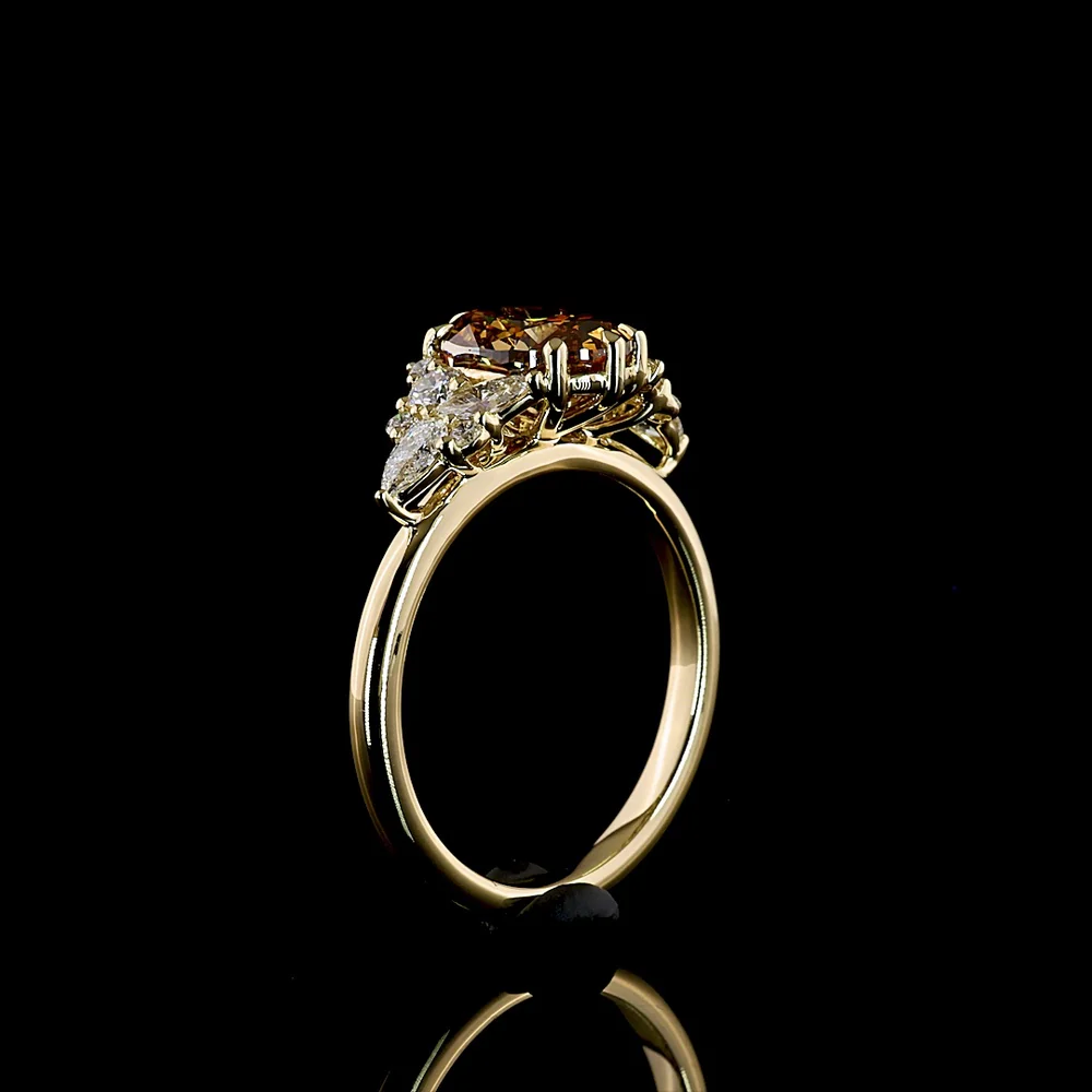 14K Yellow Gold Oval Cognac Lab Diamond Ring with Pear and Marquise Cut Accents - 2.49 Carat Total Weight, IGI Certified VS1 - Covaloro Fine Jewelry - Image 4