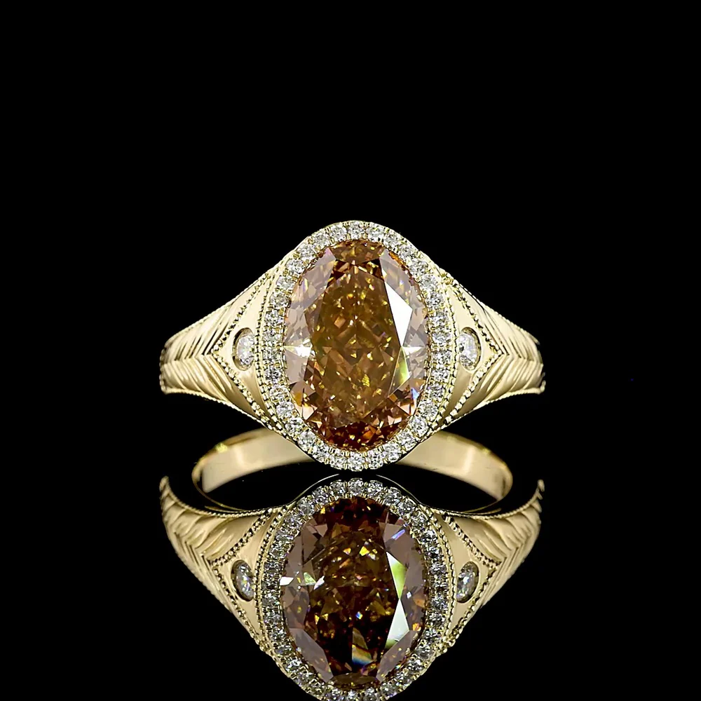 14K Yellow Gold Oval Cut Champagne Lab Diamond Halo Ring with Milgrain Detail - 3.54 Carats Total Diamond Weight - Covaloro Fine Jewelry