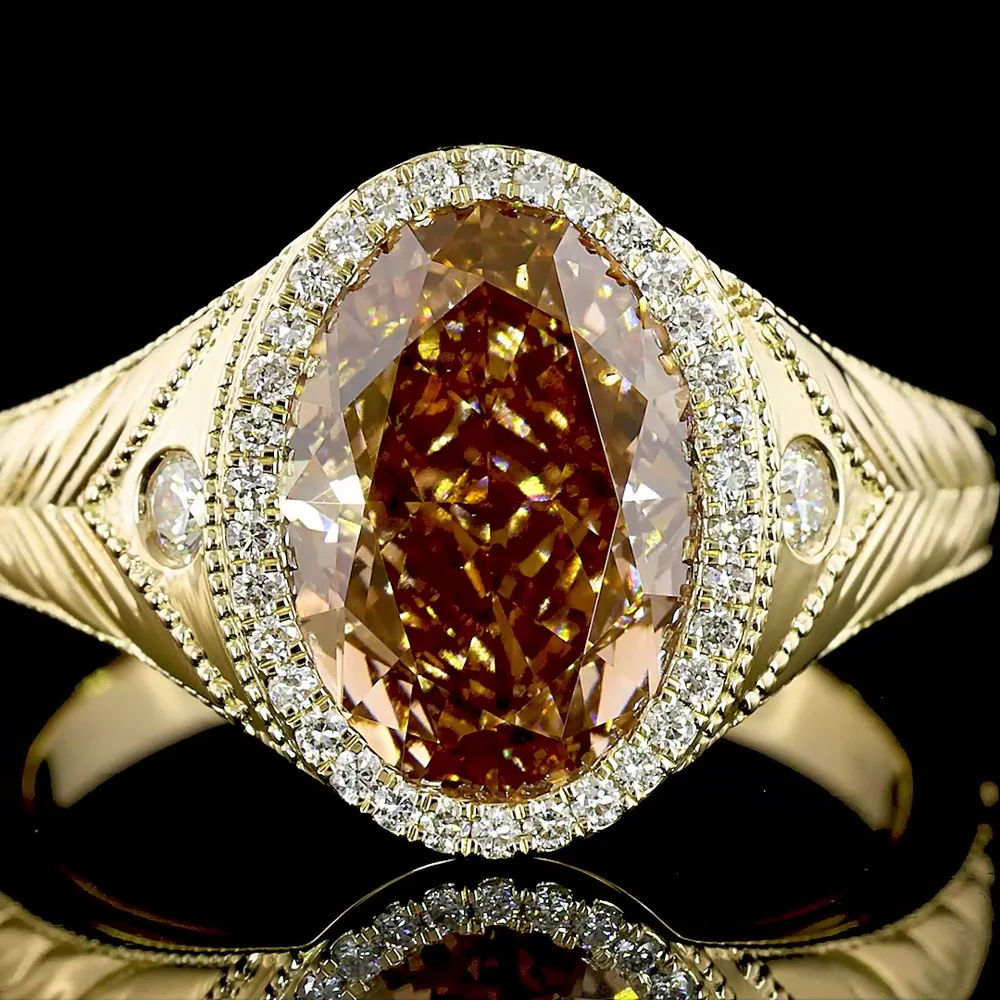 14K Yellow Gold Oval Cut Champagne Lab Diamond Halo Ring with Milgrain Detail - 3.54 Carats Total Diamond Weight - Covaloro Fine Jewelry - Image 2