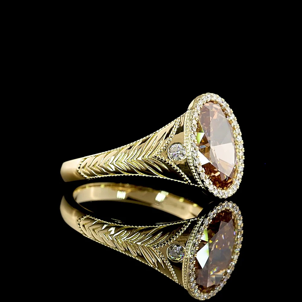 14K Yellow Gold Oval Cut Champagne Lab Diamond Halo Ring with Milgrain Detail - 3.54 Carats Total Diamond Weight - Covaloro Fine Jewelry - Image 3