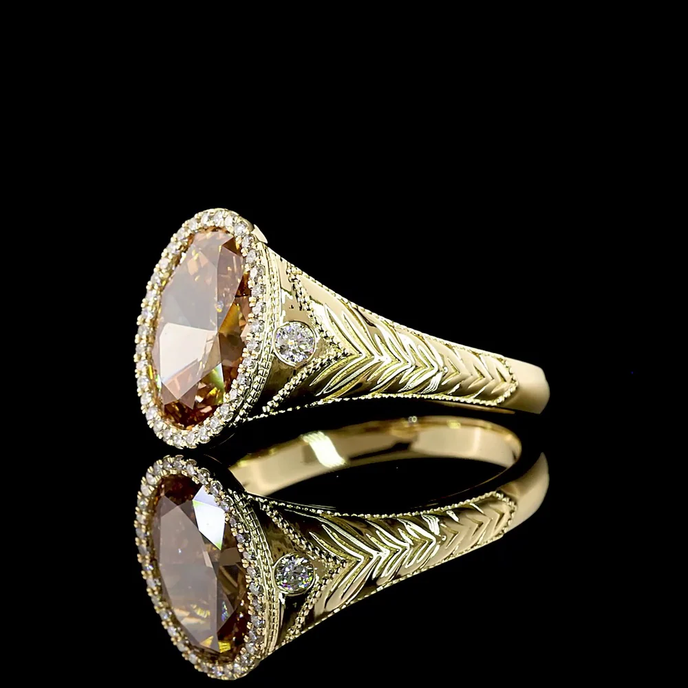 14K Yellow Gold Oval Cut Champagne Lab Diamond Halo Ring with Milgrain Detail - 3.54 Carats Total Diamond Weight - Covaloro Fine Jewelry - Image 4