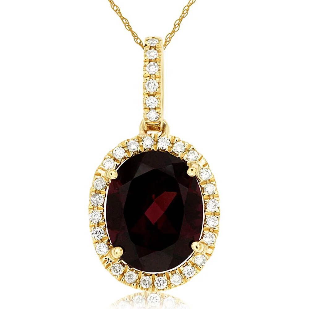 14K Yellow Gold Oval Cut Garnet and Diamond Halo Pendant - 2.80 Carat Garnet, 0.18 Carat Diamond Total Weight - Royal Jewelry