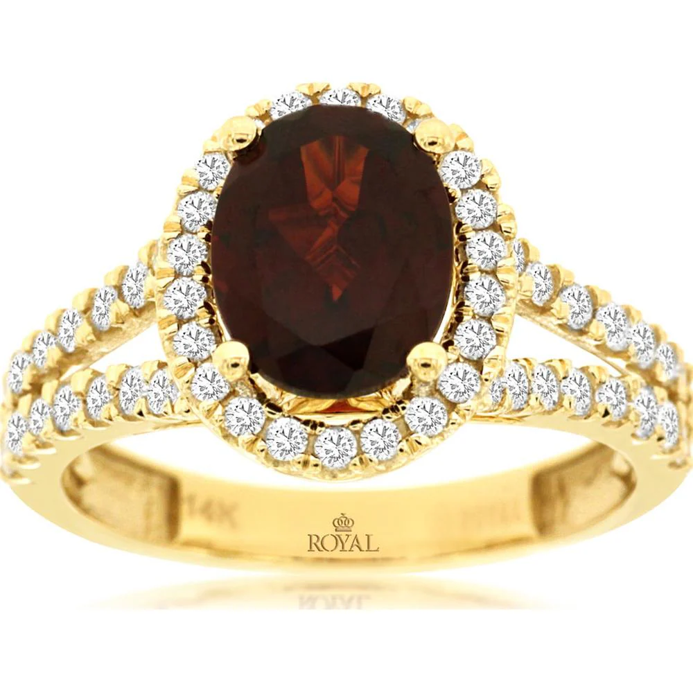 14K Yellow Gold Oval Cut Garnet & Diamond Halo Ring with Split Shank Shoulders - 2.20 Carat Garnet, 0.72 Carat Total Diamond Weight - Royal Jewelry