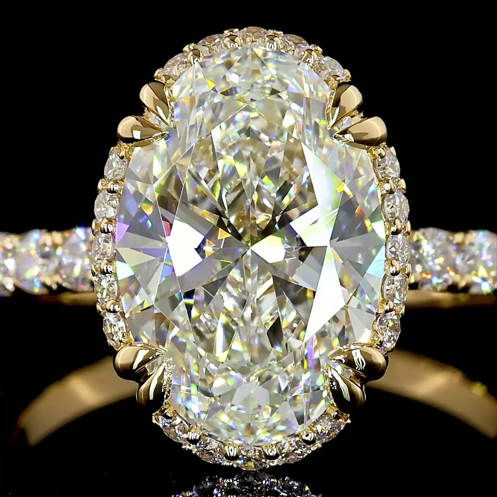 14K Yellow Gold Oval Cut Halo Ring with E VVS1 Lab Diamond Center 3.12 Carats and Shared Prong Brilliant Cut Side Stones - 3.88 Carat Total Diamond Weight - Covaloro Fine Jewelry - Image 2