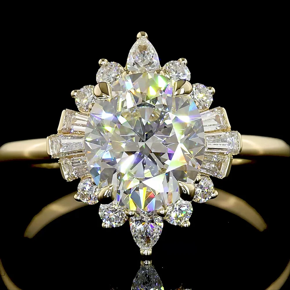 14K Yellow Gold Oval Cut Halo Ring with Pear and Baguette Lab Diamonds - 2.30 Carat Total Diamond Weight - Covaloro Fine Jewelry - Image 2