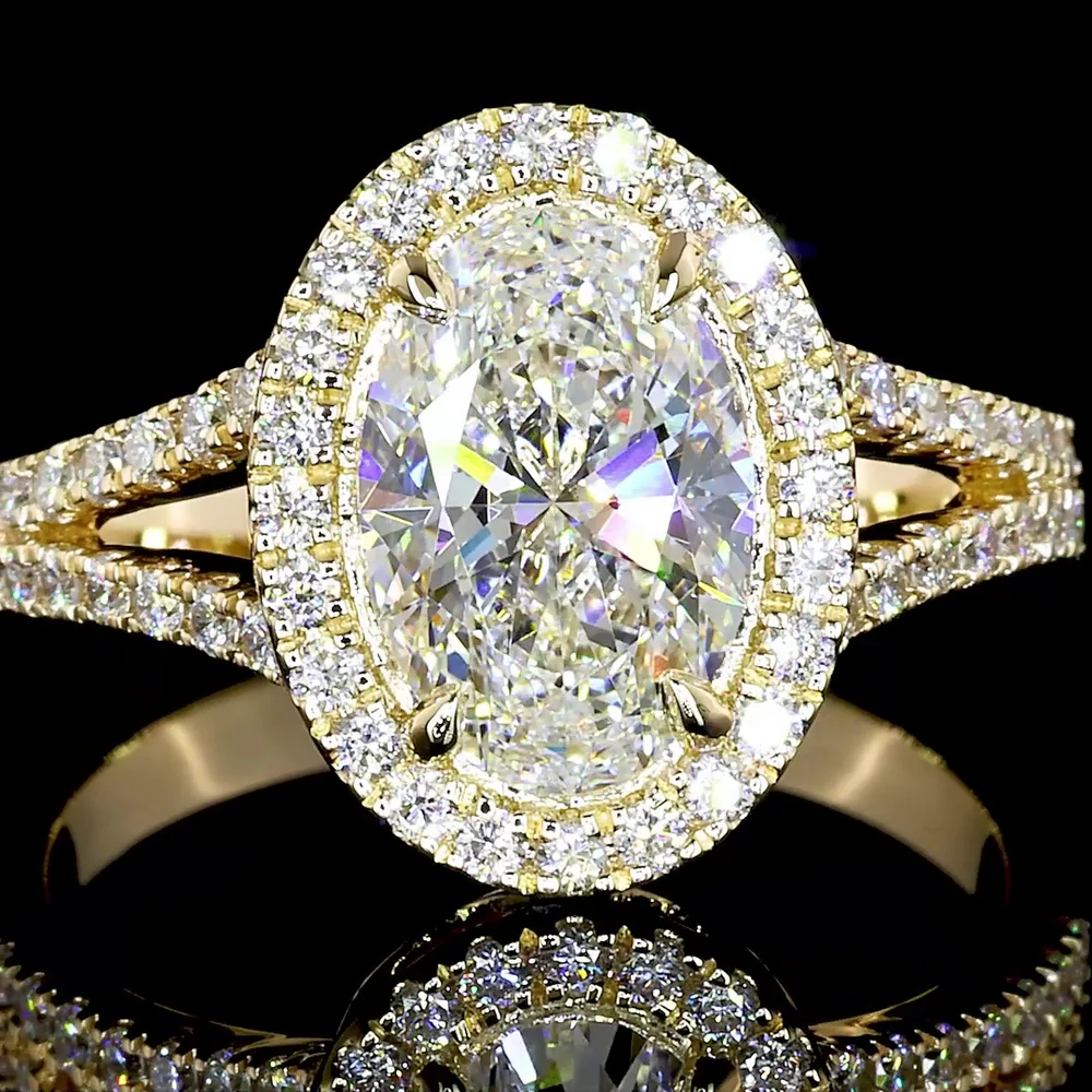 14K Yellow Gold Oval Cut Halo Split Shank Ring with Lab Grown Diamonds - 4.90 Carats Total Diamond Weight, D VVS2 Center - Covaloro Fine Jewelry - Image 2
