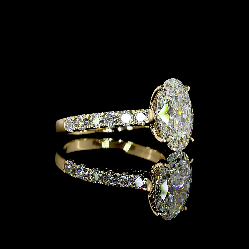 14K Yellow Gold Oval Cut Hidden Halo Ring with 3.03 Carat Center E VVS2 Lab Diamond and Accent Diamonds - 3.73 Carat Total Diamond Weight - Covaloro Fine Jewelry - Image 2